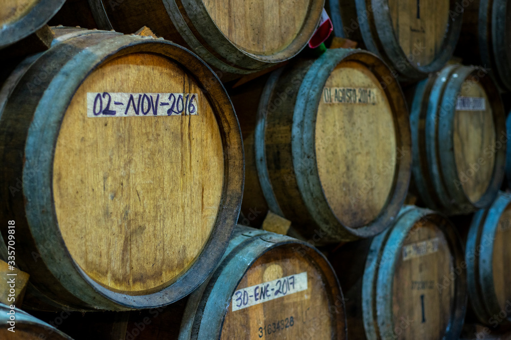 Wooden barrels in Mexican tequila distillery.