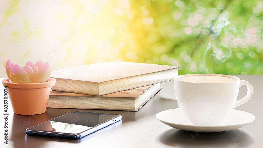 3D Rendering. Samartphone and coffee in the garden. Work From Home  concept.