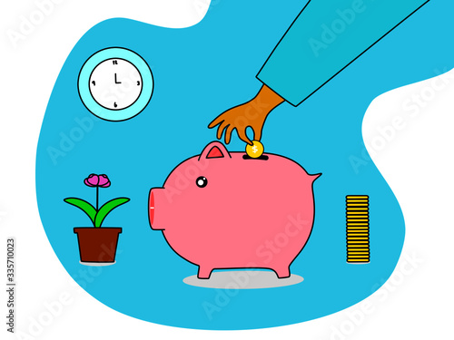 Draw vector illustration pink piggy bank, human hand put coin in piggy bank to save money, flat design pattern cute cartoon isolated 