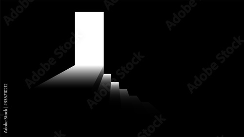 Light from the doorway. Step down from the door. Black and white illustration on the theme of fear or success. Vector