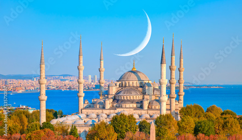 The Blue Mosque with crescent moon (new moon) -Sultanahmet, Istanbul, Turkey.