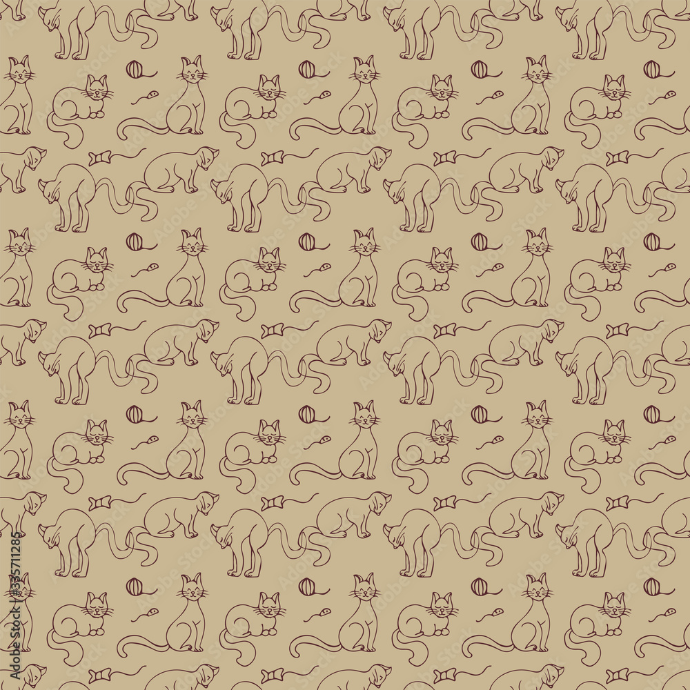 Seamless pattern with hand drawn cats, doodle. Vector illustration. EPS 10