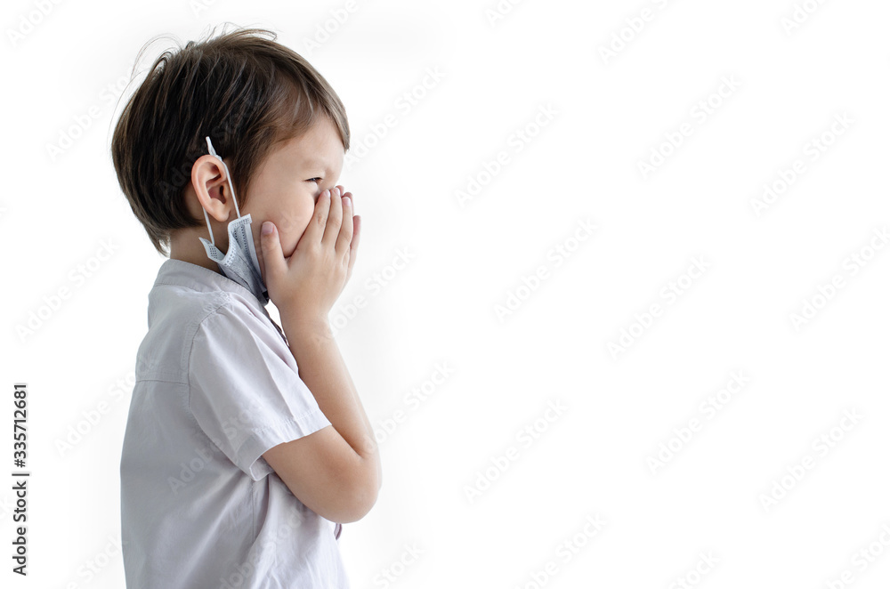 Young boy opens protection mask and covers his nose with his hands, on white background, with clipping path, environmental and healthy concept Young boy opens protection mask and covers his nose with his hands, on white background, with clipping path, environmental and healthy concept