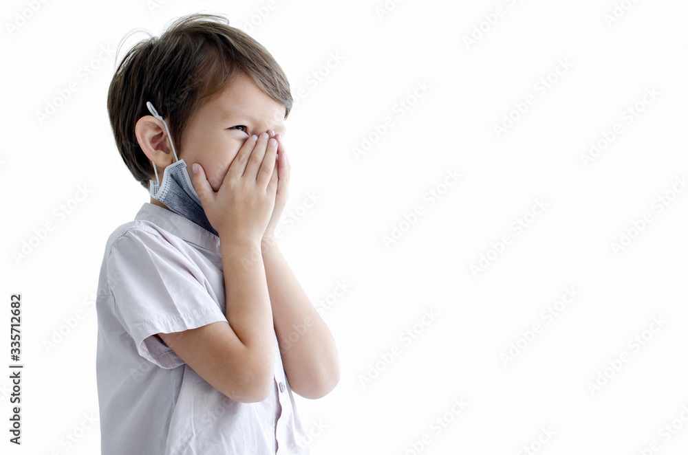 Young boy opens protection mask and covers his nose with his hands, on white background, with clipping path, environmental and healthy concept Young boy opens protection mask and covers his nose with his hands, on white background, with clipping path, environmental and healthy concept