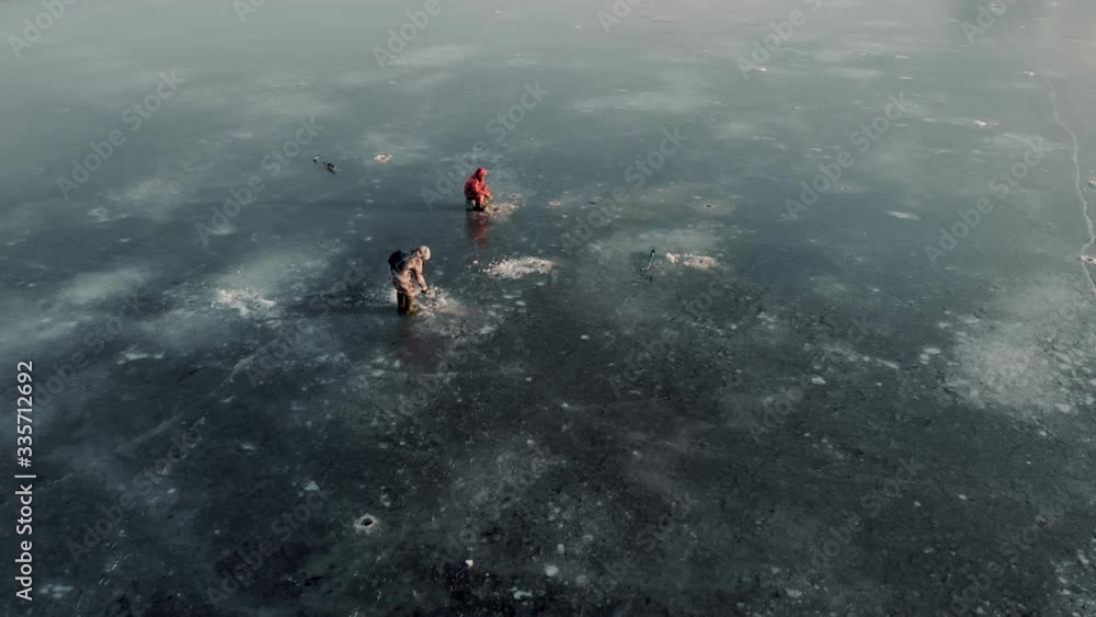 winter fishing. aerial video