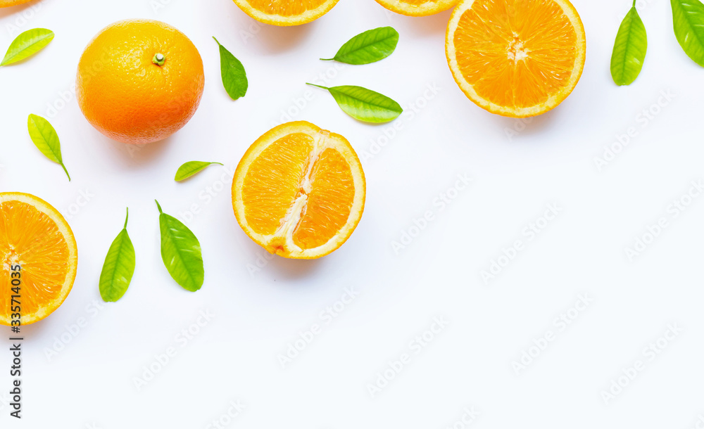 High vitamin C, Juicy and sweet. Fresh orange fruit with green leaves on white. High vitamin C, Juicy and sweet. Fresh orange fruit with green leaves on white.