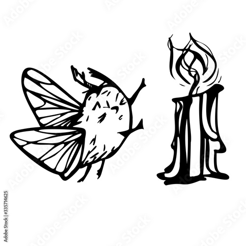 A moth flies toward a candle with his eyes shut. Black and white vector illustration. Isolated on a white background.