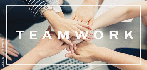 Panoramic teamwork business join hand together concept, Business team standing hands together, Volunteer charity work. People joining for cooperation success business.