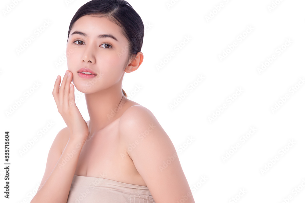 Portrait beautiful young asian woman clean fresh bare skin concept. Asian girl beauty face skincare and health wellness, Facial treatment, Perfect skin, Natural make up. Isolated on white background. Portrait beautiful young asian woman clean fresh bare skin concept. Asian girl beauty face skincare and health wellness, Facial treatment, Perfect skin, Natural make up. Isolated on white background.