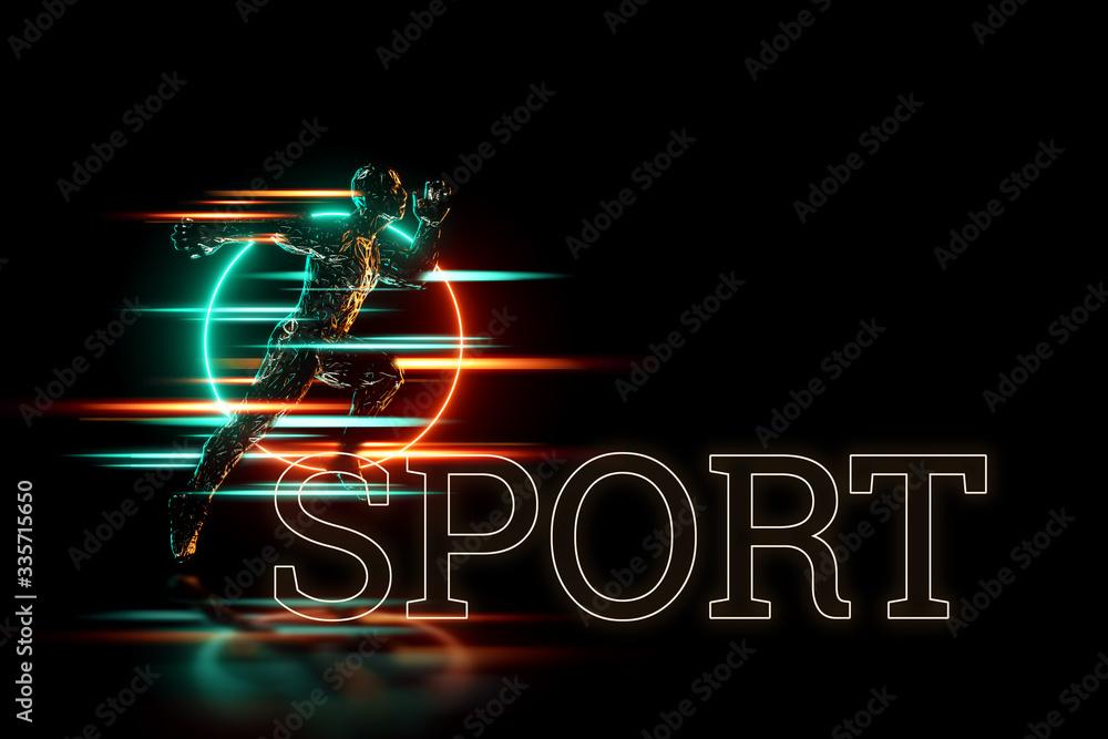 Fototapeta premium Sports background, a figure of a man in a running pose, on a neon background, dark background. Sports training, healthy lifestyle, competition, 3D render, 3D illustration, copy space.