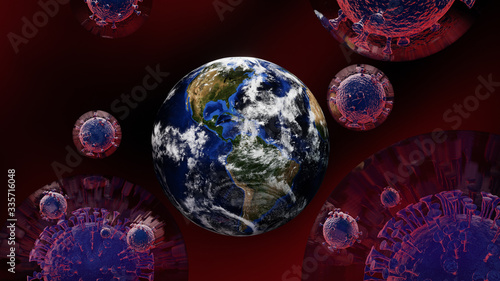Save the world from coronavirus Covid 19 virus. The planet earth wear surgery mask with coronavirus Covid 19 virus in dome glass . 3d rendering