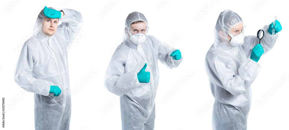 Side view of a medical scientist in a protective mask who is studying the outbreak of a dangerous coronavirus and other diseases. Isolated on a white background. Side view of a medical scientist in a protective mask who is studying the outbreak of a dangerous coronavirus and other diseases. Isolated on a white background.