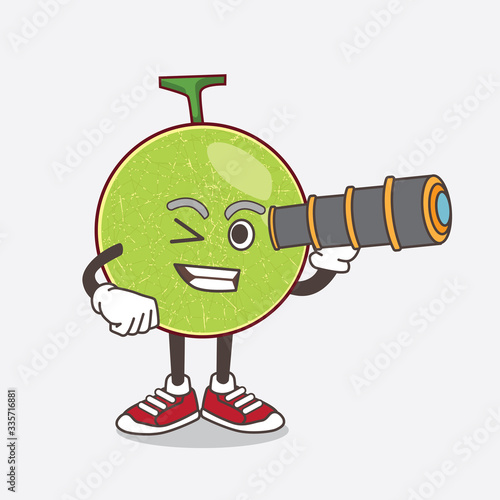 Cantaloupe Melon cartoon mascot character using a monocular