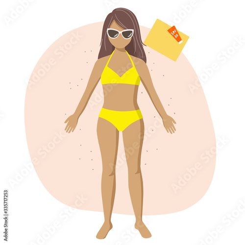 Girl is sunbathing on the beach. Vector illustration.