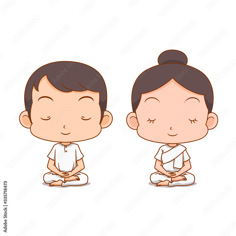 Cartoon character of boy and girl meditating in white clothes. Cartoon character of boy and girl meditating in white clothes.