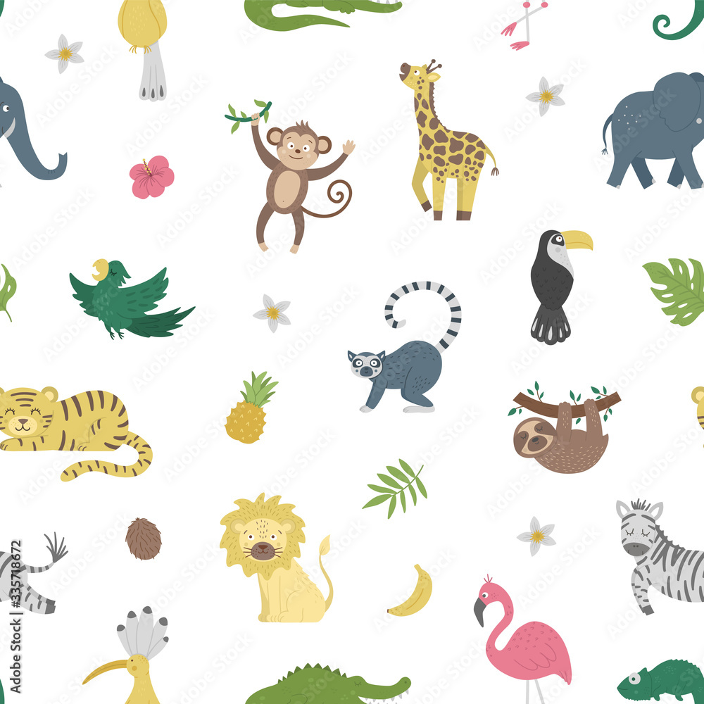 Obraz premium Vector seamless Pattern with cute exotic animals, leaves, flowers, fruits. Funny tropical repeat background with birds and plants. Bright flat illustration for children. Jungle summer texture.