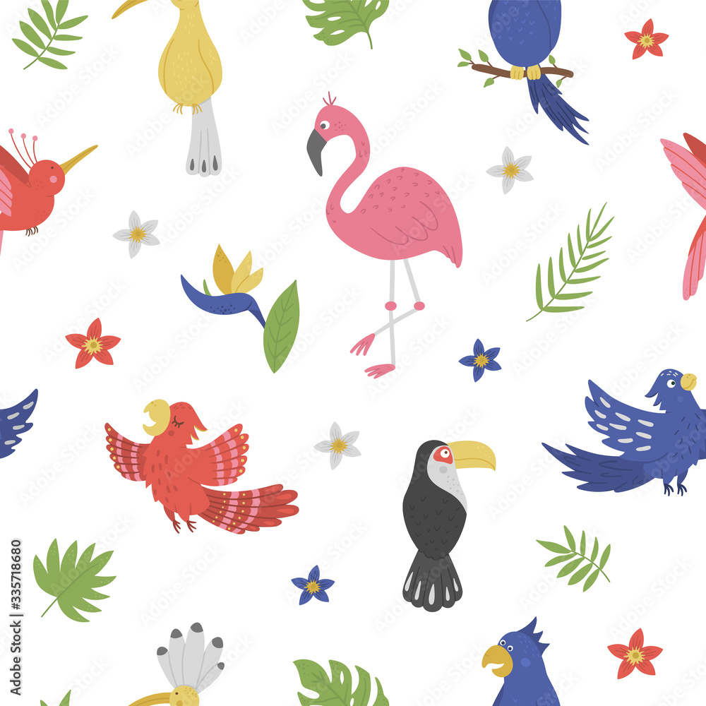Obraz premium Vector seamless pattern with cute exotic birds, leaves, flowers. Funny tropical background with animals and plants. Bright flat texture for children. Jungle summer digital paper.