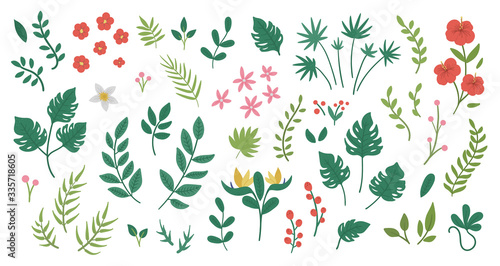 Vector tropical flowers leaves and twigs clip art. Jungle foliage and florals illustration. Hand drawn flat exotic plants isolated on white background. Bright childish summer greenery picture..