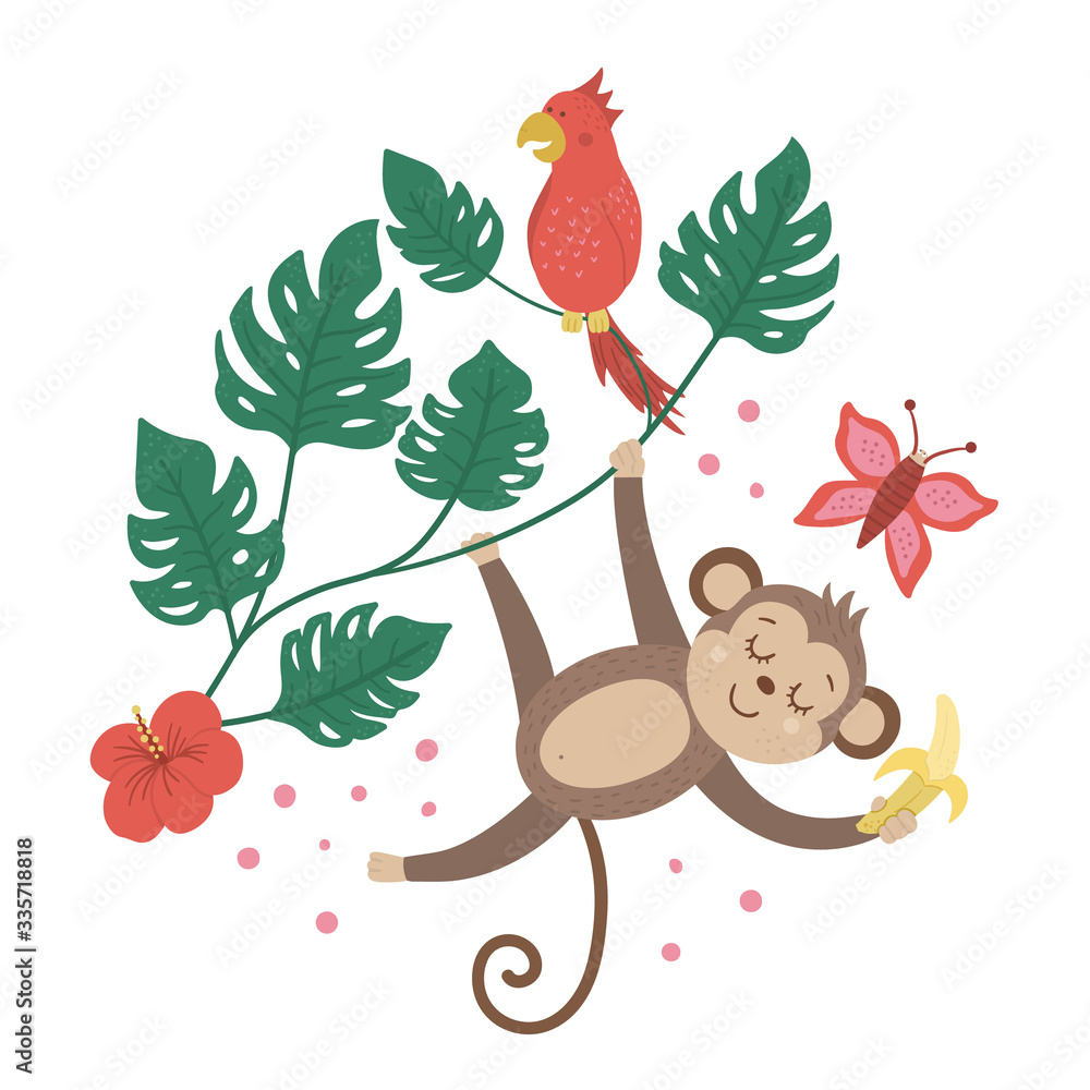 Naklejka premium Vector cute monkey hanging on liana with banana, parrot isolated on white background. Funny tropical animal, plants and fruit illustration. Bright flat picture for children. Jungle summer composition.
