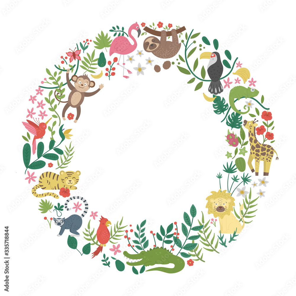 Vector round frame with cute exotic animals, leaves, flowers, fruits isolated on white background. Funny banner design with tropical birds and plants. Jungle summer card template. Vector round frame with cute exotic animals, leaves, flowers, fruits isolated on white background. Funny banner design with tropical birds and plants. Jungle summer card template.