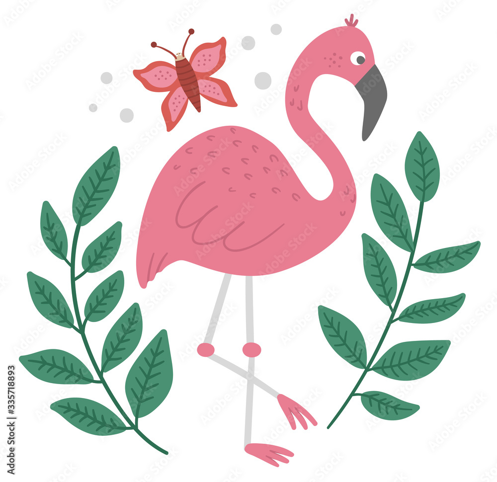 Vector cute composition with pink flamingo, tropical leaves and butterfly. Funny exotic bird illustration. Bright flat picture for children. Jungle summer clip art. Vector cute composition with pink flamingo, tropical leaves and butterfly. Funny exotic bird illustration. Bright flat picture for children. Jungle summer clip art.