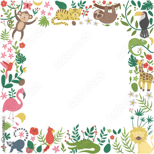 Vector square frame with cute exotic animals, leaves, flowers, fruits isolated on white background. Funny banner design with tropical birds and plants. Jungle summer card template.