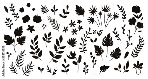 Vector tropical flowers leaves and twigs silhouettes. Jungle foliage and florals black illustration. Hand drawn flat exotic plants isolated on white background. Summer greenery shadows for children..