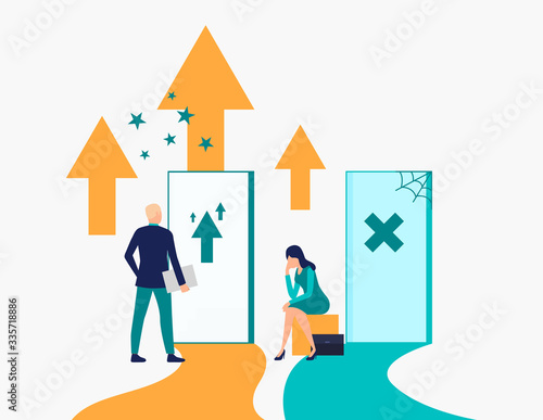 Businesspeople making career. Promotion, failure, open door, unequal career opportunities. Business concept. Vector illustration for presentation slide, poster, new project