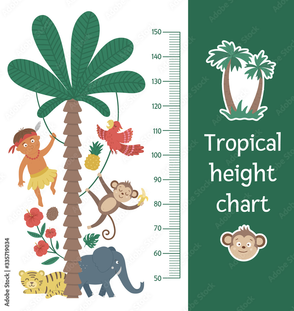 Vector cute height chart with exotic animals, African boy, leaves, flowers, fruits. Funny wall decoration with tropical aboriginal, monkey and plants. Jungle summer meter poster for kids. Vector cute height chart with exotic animals, African boy, leaves, flowers, fruits. Funny wall decoration with tropical aboriginal, monkey and plants. Jungle summer meter poster for kids.