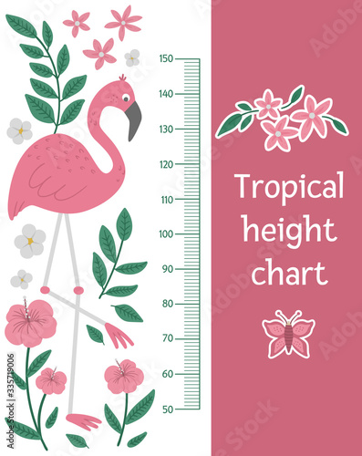 Vector cute height chart with pink flamingo, tropical leaves and butterfly. Funny wall decoration with exotic bird. Bright flat picture for children. Jungle summer meter poster
