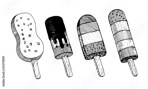 Ice lolly. The chocolate ice-cream, ice cream with nuts and popsicle. Delicious and sweet products, a set of templates for menu design, packaging, restaurants and catering. Hand drawn images