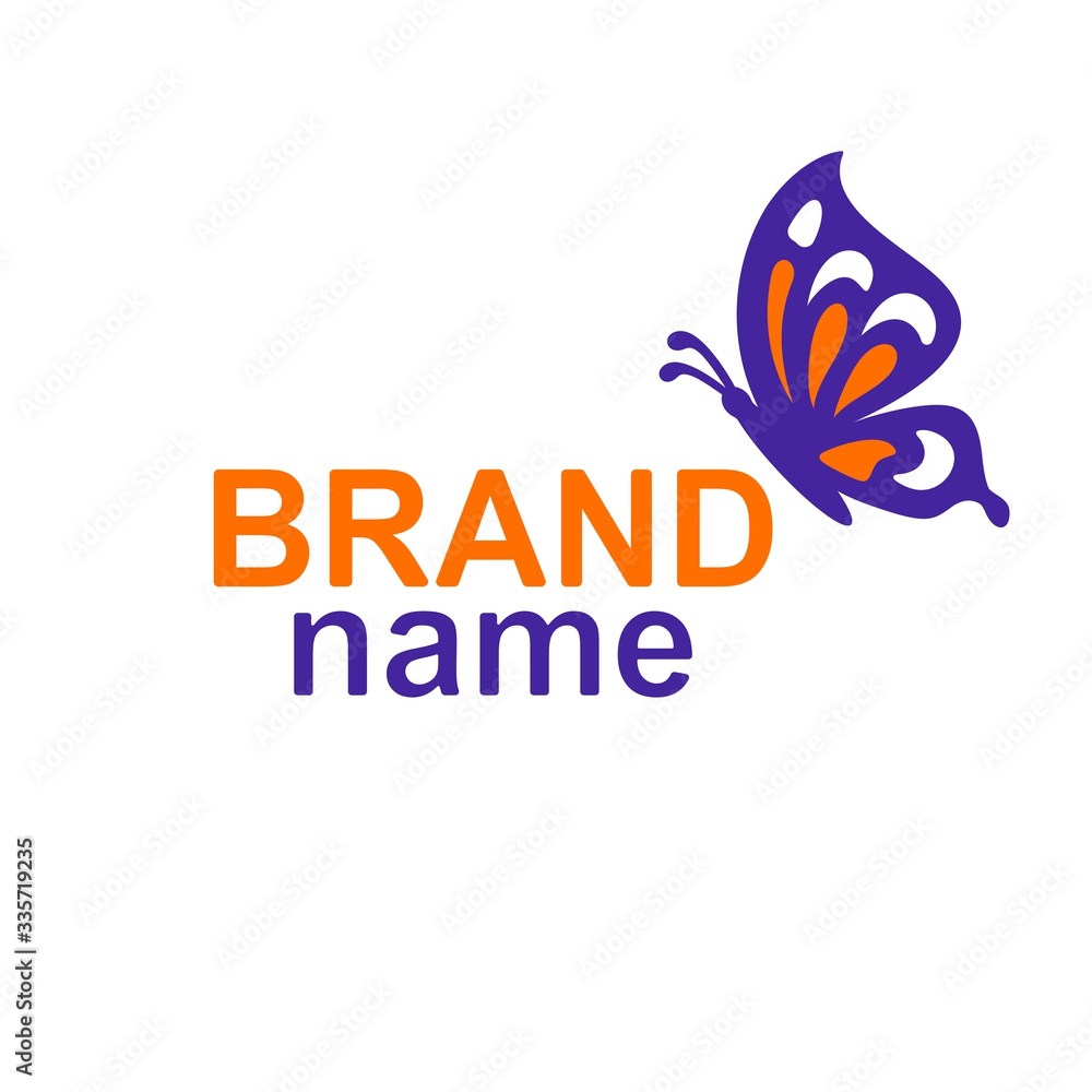 Logo with a butterfly sitting in profile (sideways) on the text - brand name. Violet and orange colors. Simple vector icon or sign for business, corporate identity, spa and beauty salon, flower shop. Logo with a butterfly sitting in profile (sideways) on the text - brand name. Violet and orange colors. Simple vector icon or sign for business, corporate identity, spa and beauty salon, flower shop.