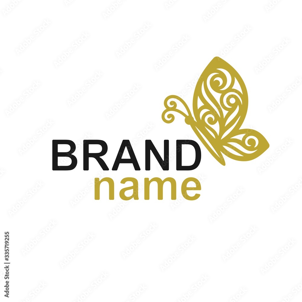 Logo with a gold patterned butterfly sitting sideways in words - brand name. Trendy sign, logotype template for womens store, cosmetics, gifts shop, perfumes, jewelry, beauty salon or hairdresser. Logo with a gold patterned butterfly sitting sideways in words - brand name. Trendy sign, logotype template for womens store, cosmetics, gifts shop, perfumes, jewelry, beauty salon or hairdresser.