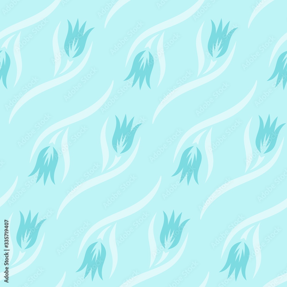 Seamless pattern with flowers (tulip buds) and white waves. Soft light blue floral motif for summer and spring. Repeating texture for fabrics, textiles, linens, carpets, wrapping paper, tiles. Vector. Seamless pattern with flowers (tulip buds) and white waves. Soft light blue floral motif for summer and spring. Repeating texture for fabrics, textiles, linens, carpets, wrapping paper, tiles. Vector.