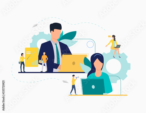 Communication flat icon. Department leaders, laptop, presentation, gear. Teamwork concept. Can be used for topics like leadership, unit, business, analysis