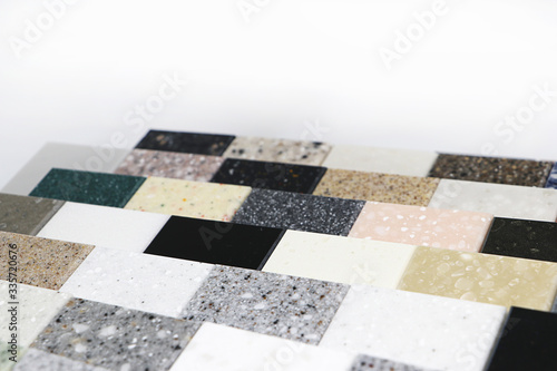 Surface of stone texture with cpoy space, Top view of color samples stone, Acrylic solid material for interior design.