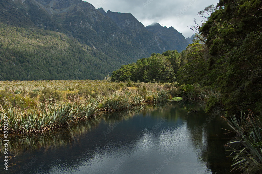 Mirror Lakes in Fiordland National Park in Southland on South Island of New Zealand
