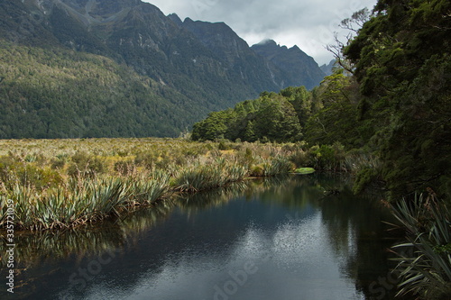 Mirror Lakes in Fiordland National Park in Southland on South Island of New Zealand 