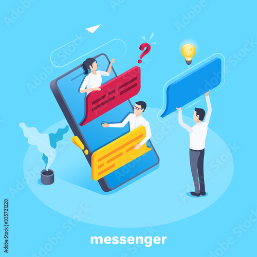 Isometric vector image on a blue background, on the smartphone are a man and a woman in business suits and chatting, conversation and correspondence in chat, messenger app