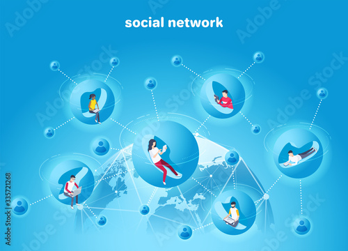 isometric vector image on a blue background, people with gadgets in the global social network