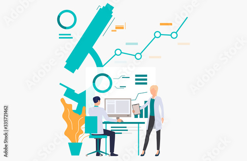 Male and female medics examining scientific data vector illustration. Scientific research, analysis, laboratory. Science concept. Creative design for layouts, web pages, banners