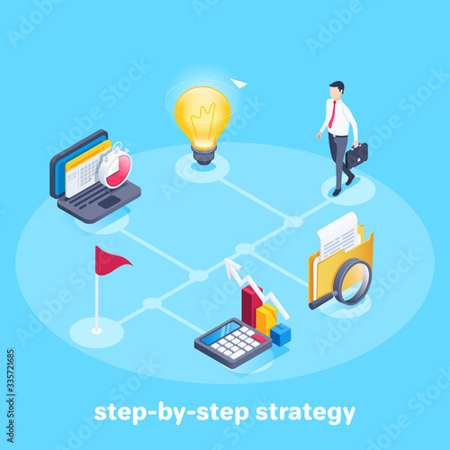 isometric vector image on a blue background, a man in a business suit with a briefcase goes a step-by-step path to the goal, business icons and strategy