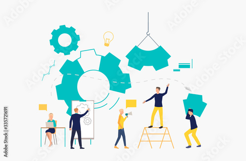 Business team working as mechanism. Operation, teamwork, brainstorming. Management concept. Vector illustration can be used for presentation slide, posters, banners