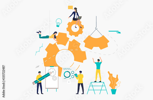Business team putting in motion cogwheels. Teamwork, business operation, strategy. Project concept. Vector illustration can be used for presentation slide, posters, banners