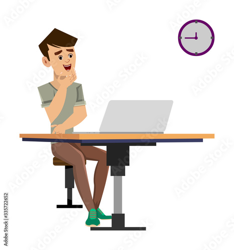 tired casual man sitting on an office chair and looking on a wall clock