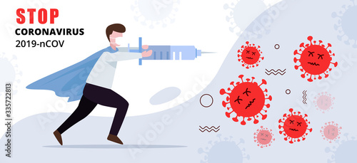 Person fighting with virus, Coronavirus cure concept illustration