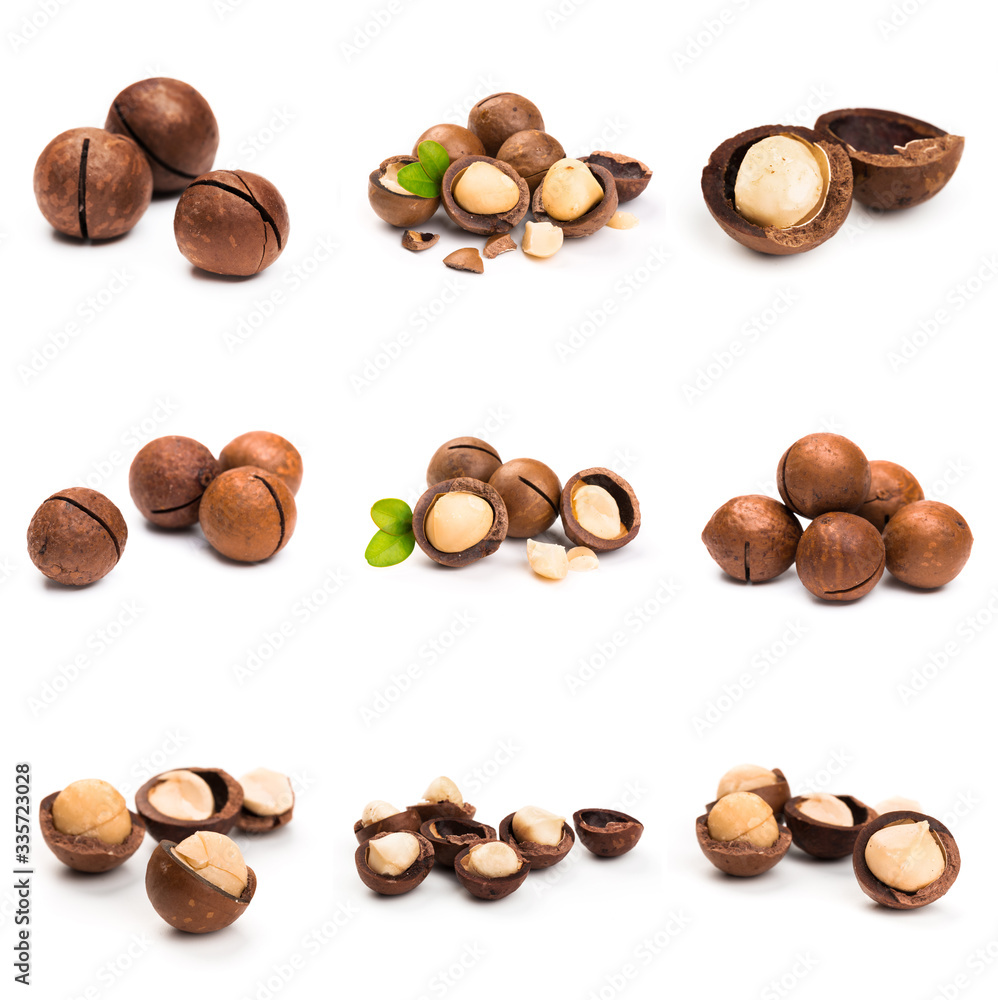 Macadamia nut with pieces and green leaves isolated on a white background Macadamia nut with pieces and green leaves isolated on a white background