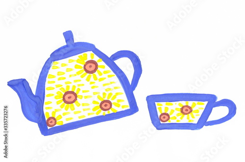 Drawing with watercolors: Blue teapot and cup with yellow flowers.