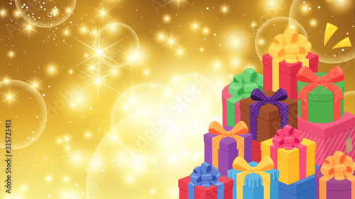 プレゼント山積みの箱イラスト_金のキラキラ背景_16：9