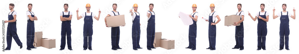 panoramic collage of skilled handyman isolated on white panoramic collage of skilled handyman isolated on white